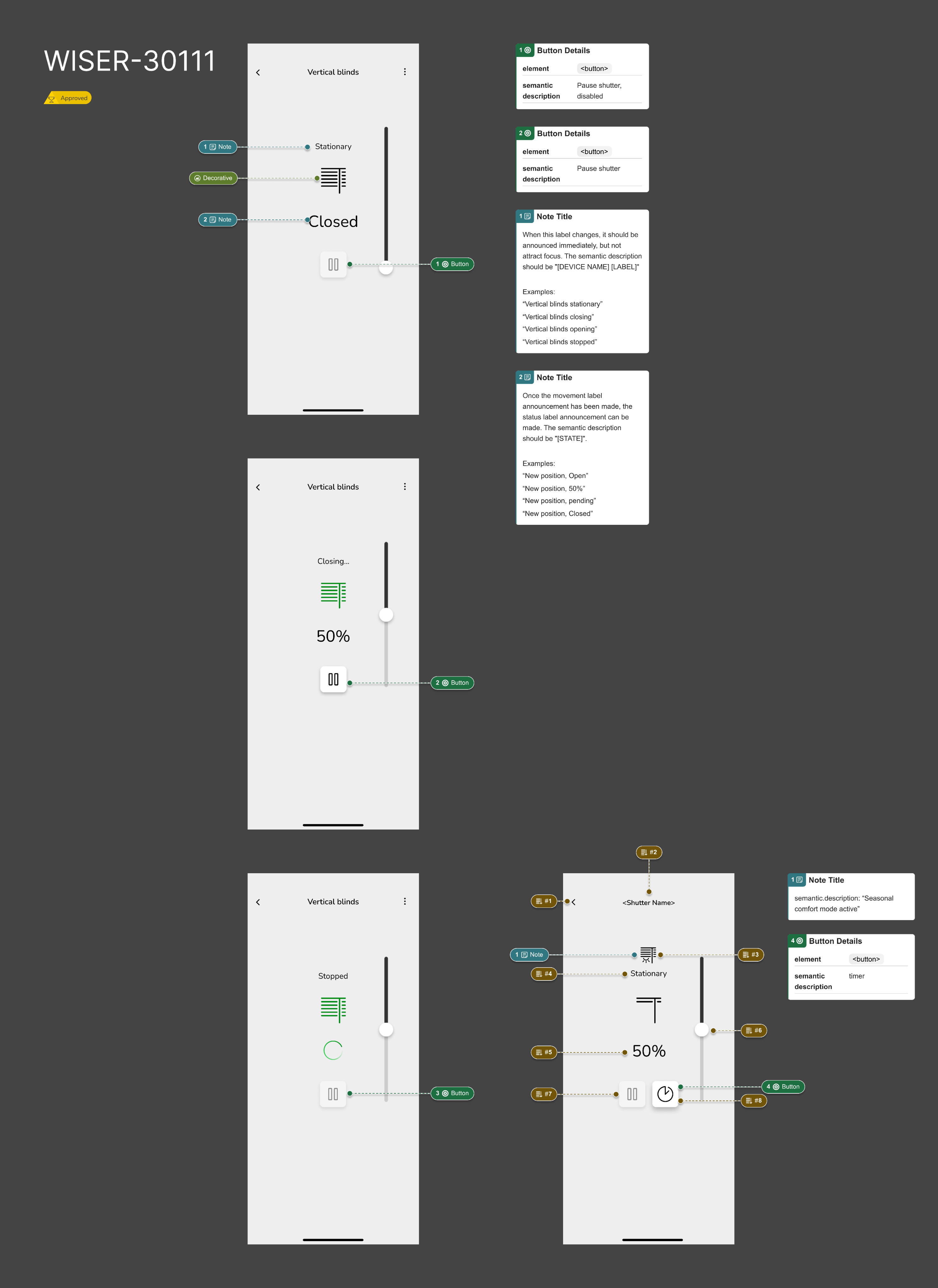 Mobile app screen showing reading order and buttons for a smart home shutter control.