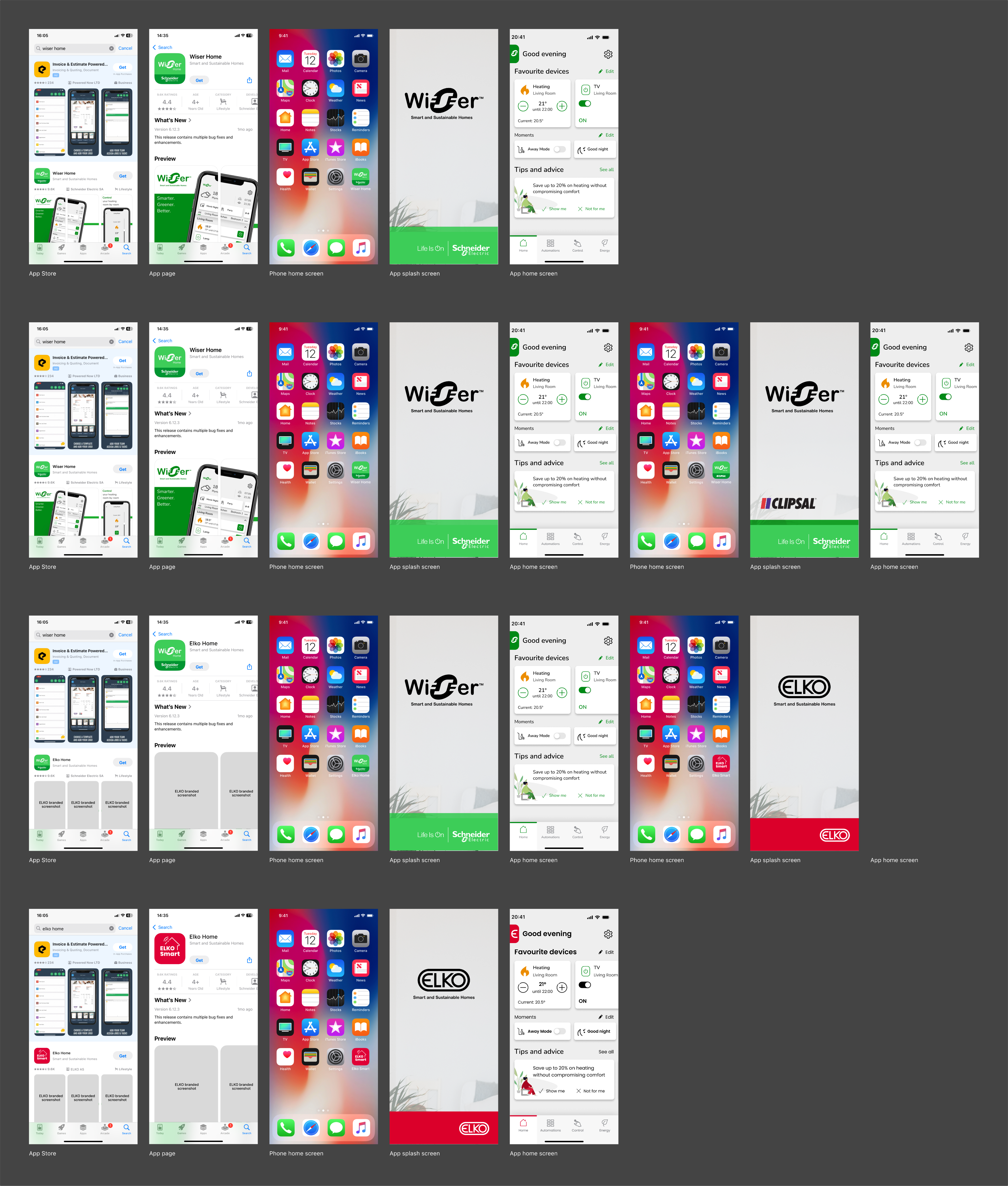 Mobile app screens showing 5 different solutions for the app app store through to app opening.